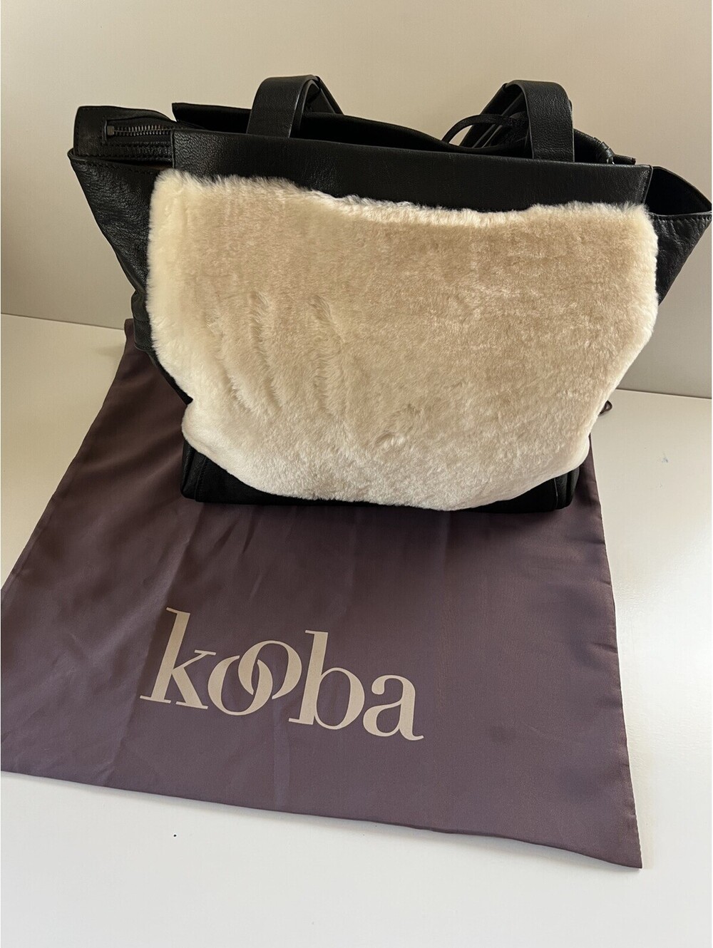 Kooba Black Leather & Cream Shearling Tote Bag With Dust Bag